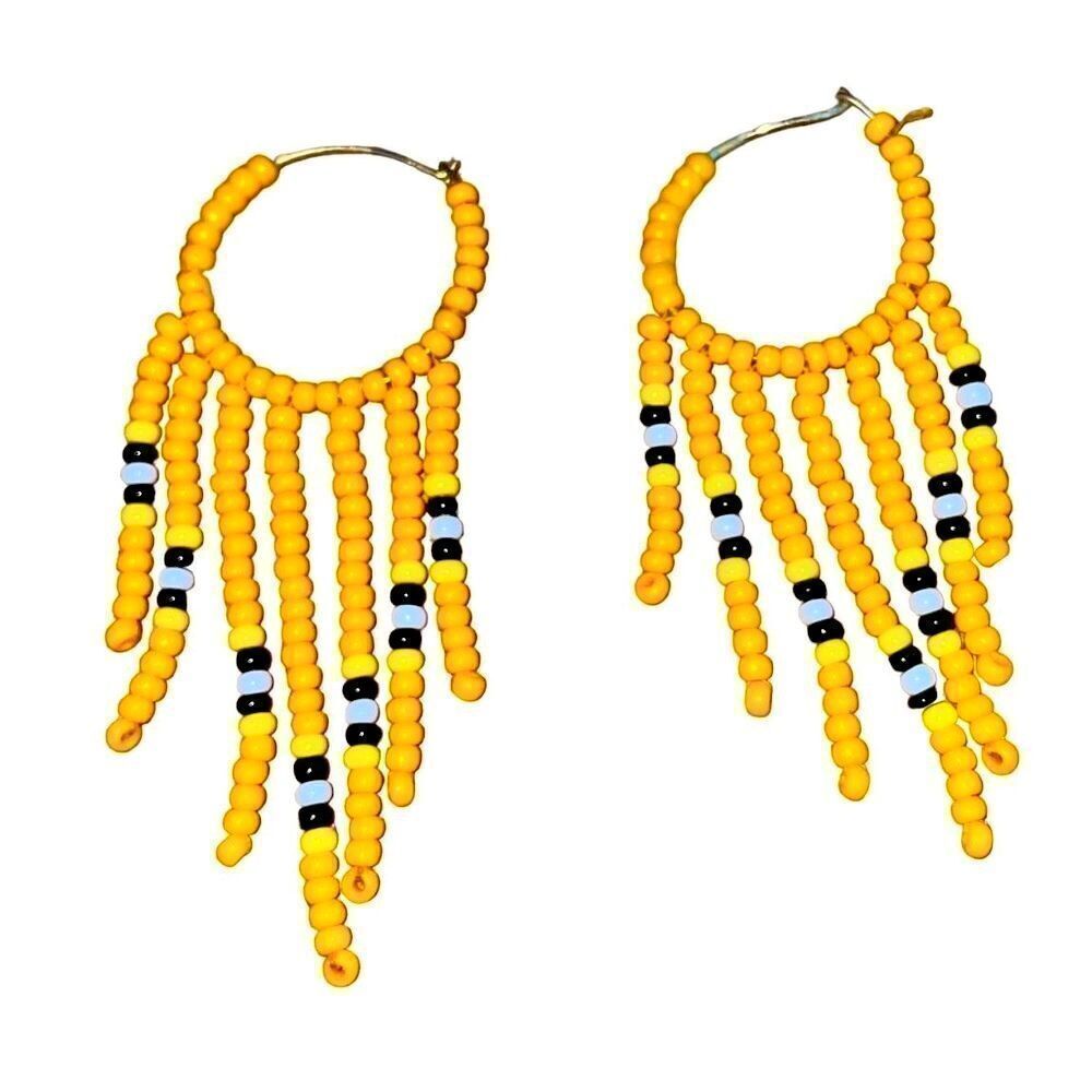 Vintage Hand Beaded Native American Fringe Hoop Earrings